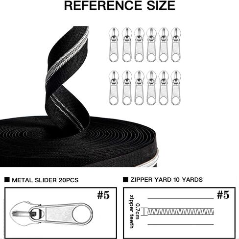 YIEN-SmallBB Metallic Nylon Coil Zippers #5 10 Yards Sewing Zippers Bulk DIY Zipper by The Yard Bulk with 20PCS Zipper Slider for DIY Sewing (Anti-Brass Teeth Black Tape) in Kuwait