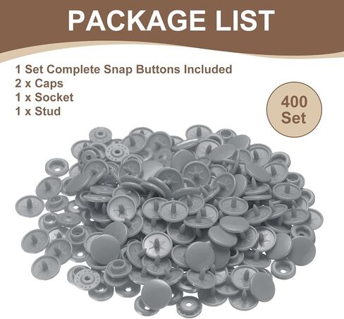 HARFINGTON 400 Set Plastic Snaps T5 Round Resin No-Sew Button Plastic Snap Fasteners Kit for Clothing Sewing Rain Coat Diapers Bibs Crafting, Grey in Saudi Arabia