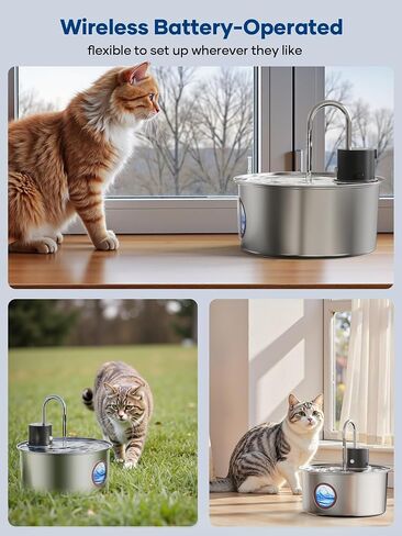 Wireless Cat Water Fountain Battery Operated - Stainless Steel Cat Dringking Fountain Cordless,Rechargeable Fountain with Sensor,Timer,Smart Water Fountain for Cats Indoor in Saudi Arabia