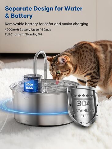 Wireless Cat Water Fountain Battery Operated - Stainless Steel Cat Dringking Fountain Cordless,Rechargeable Fountain with Sensor,Timer,Smart Water Fountain for Cats Indoor in Saudi Arabia