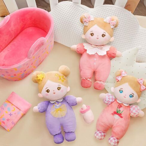 OUOZZZ 10" Baby Doll Accessories Soft Doll Set with Mini Doll, Bassinet, Blanket and Bottle, Pretend Playset for Emotional Social Education for 3+ Year Olds Girls Christmas Birthday Gift Pink in Kuwait