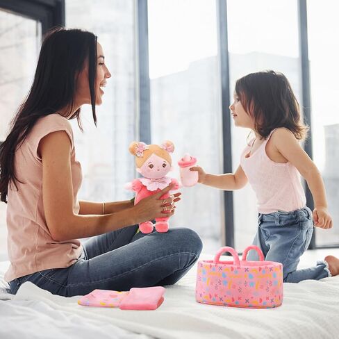 OUOZZZ 10" Baby Doll Accessories Soft Doll Set with Mini Doll, Bassinet, Blanket and Bottle, Pretend Playset for Emotional Social Education for 3+ Year Olds Girls Christmas Birthday Gift Pink in Kuwait