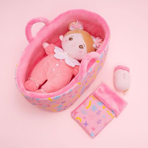 OUOZZZ 10" Baby Doll Accessories Soft Doll Set with Mini Doll, Bassinet, Blanket and Bottle, Pretend Playset for Emotional Social Education for 3+ Year Olds Girls Christmas Birthday Gift Pink in Kuwait