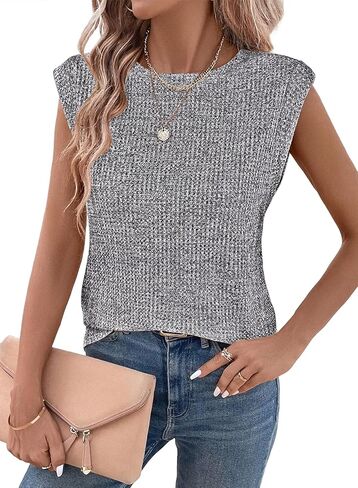SHEWIN Summer Tops for Women Casual Crew Neck Waffle Knit Cap Sleeve Shirts Tank Top in Kuwait