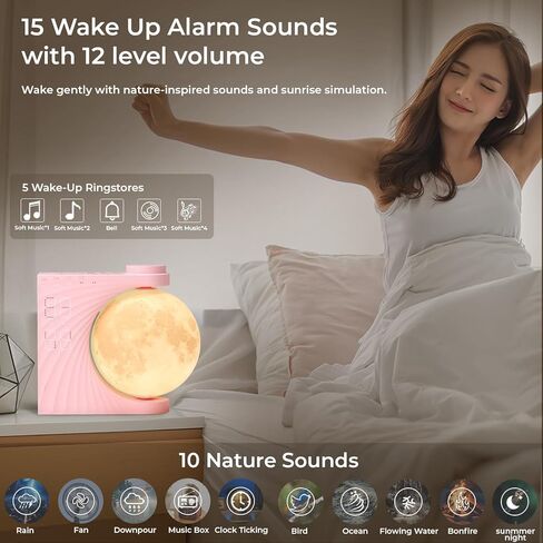 Moon Light Sunrise Alarm Clock and Sound Machine for Heavy Sleepers, Adults, Nightlight, Sleep Aid, Dual Alarms, Snooze, Wake Up Light, 10 Nature Sounds, 8 Colors, Ideal for Gift in Kuwait