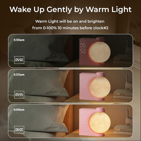 Moon Light Sunrise Alarm Clock and Sound Machine for Heavy Sleepers, Adults, Nightlight, Sleep Aid, Dual Alarms, Snooze, Wake Up Light, 10 Nature Sounds, 8 Colors, Ideal for Gift in Kuwait