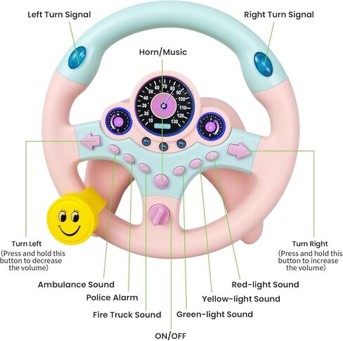 Kids Steering Wheel for Car, Driving Simulated Toy Steering Wheel for Kids with Light and Music, Electric Early Learning Educational Baby Steering Wheel Toy for Kids（Yellow） in Kuwait