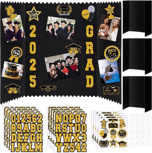 4 مجموعة مجموعة صور التخرج لوحة 24 "× 16" لوحة ملصقات Trifold مع 12 ملصقات تخرج تحت عنوان لعام 2025 الحزب غراد ديكور صورة الإطارات الإطارات الإطارات (الذهب الأسود) in Kuwait