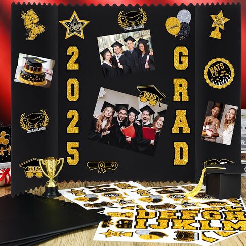 4 مجموعة مجموعة صور التخرج لوحة 24 "× 16" لوحة ملصقات Trifold مع 12 ملصقات تخرج تحت عنوان لعام 2025 الحزب غراد ديكور صورة الإطارات الإطارات الإطارات (الذهب الأسود) in Kuwait