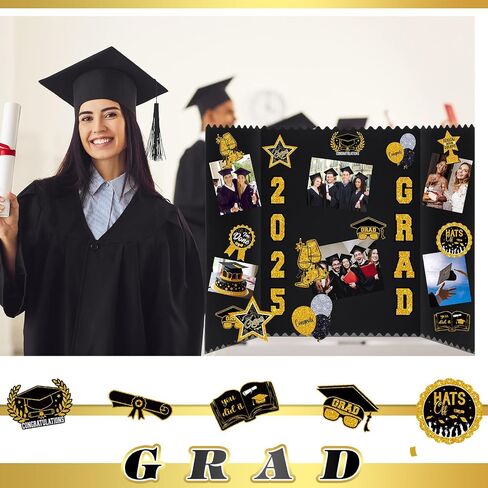 4 مجموعة مجموعة صور التخرج لوحة 24 "× 16" لوحة ملصقات Trifold مع 12 ملصقات تخرج تحت عنوان لعام 2025 الحزب غراد ديكور صورة الإطارات الإطارات الإطارات (الذهب الأسود) in Kuwait