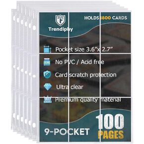 1800 Siles Trading Card Sleeves ، Premium 9-Pocket 100 صفحة ، أكمام بيسبول على الوجهين ، صفائح حماة لتخزين بطاقة TCG-تناسب 3 رنين (100 ورقة)