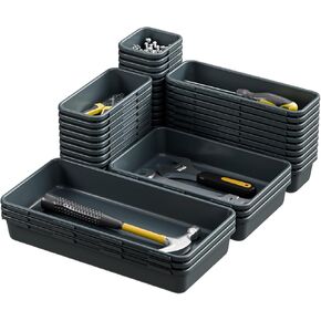 Bycy 38pcs Desk Desk Drigher Dister Sent Srack Set ، فاصل منظم المكتب الأسود البلاستيكي ، مقاطعات درج المكتب صناديق تخزين للمطبخ الحمام المكتبي