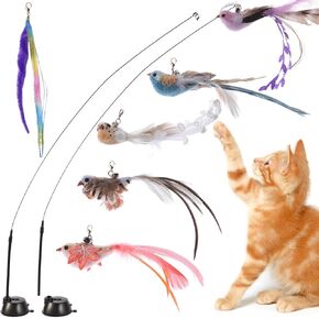تشمل ألعاب Cat Wand مع كوب شفط ، مجموعة لعبة Cat Cat التفاعلية ، الطيور البديلة ولعب الريشة مع الشريط الملون (كبير ، 6 ٪)