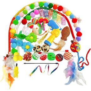 Cat Toys 42 PCS ، لعبة هريرة تفاعلية للقطط الداخلية ، كرات صغيرة متنوعة وقاذفة ، لعبة الريشة وعباءات العصا ، ألعاب Crinker Balls Springs للقطط ، جرو ، كيتي
