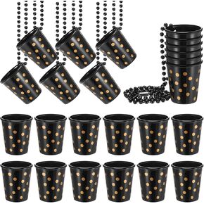 24 Pcs Shot Glass on Beaded Necklace Black and Gold Plastic Birthday Shot Glass Necklace for Party Supplies Decorations