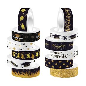 12 Rolls Graduation Tape Washi ، Foil Gold Foil Tongrants Targuation Scking Tapking ، شريط ملصق مزخرف بالأبيض والأسود للتخرج من هدايا التعبئة والتغليف DIY