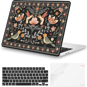 iCasso for MacBook Air 13 inch Case 2025 2024-2022 M4 M3 M2 Model A3240 A3113 A2681, Pattern for MacBook Air 13.6 inch Case, Protective Hard Shell Cover + Keyboard Cover + Screen Film, Birdie Black