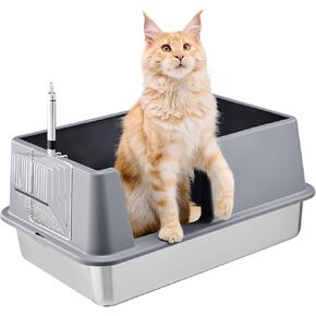 Stainless Steel Litter Box with Lid, Extra Large Metal Cat Box for Big Cats, High Sided Kitty Litter Box with Scoop, XL, Open Top, Non-Sticky, Anti-Leakage, Easy to Clean (Gray, X-Large)