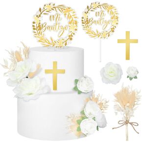 9 PCS Mi Primera Comunion Cake Topper Gold Cross and Dream Flower Decor