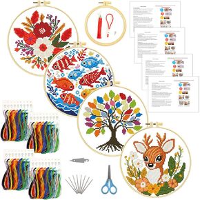 Zhenqing 4-Pack Whimsical Mushroom Cross Stitch Kits – 11CT 24x24cm Aida Cloth with Colorful Fungi & Flowers – Complete Embroidery Set for Kids & Home Decor（69036）