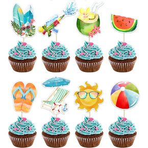 40pcs صيف شاطئ كب كيك أعلى القبعات البلياردو حفلة هاواي موضوع الكعكة مع كرة الشاطئ شمس المظلة جوز الهند وطيخ الماء ديكورات كعكة البنادق لعيد الميلاد الصيفي لوازم لواو الاستوائية الاستوائية