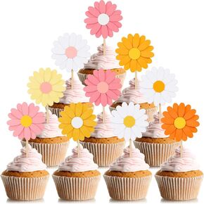 Henoyso 48 PCS Daisy Cupcake Topcake Topcake Groovy Spring Flower Cake Topper 70s Groovy Hippie Chrysanthemum Daisy Cupcake Decorations for Easter Birthdy Party Shower Wedding Supplies (ألوان مختلطة)