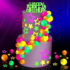 57 Pcs Neon Cake Decorations Glow Cake Toppers Balls Paper UV Reactive for Glow in the Dark Neon Black Light Party Supplies and Decorations for Birthday Wedding
