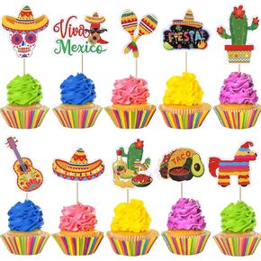 RSSTARXI 40 Pack Fiesta Cupcake Topcake Topcake Mexican Cake Decoration Cactus Donkey Maraca Sombrero Taco Pepper Cupcake للاختيارات لدش الطفل