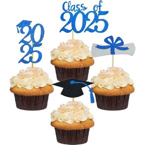 2025 تخرج تخرج بريق الكب كيك (48 قطعة) - فئة 2025 CAP CAP DIPROMA CUPCAKE TOPPORS - NAVY Blue