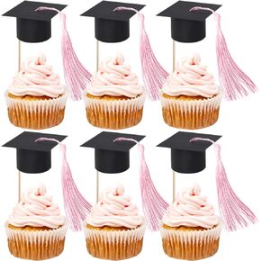 24 PCS 2025 CAPTUATION CAP CUPCAKE TOPPERS مع Tassel Congrats Cap Class of 2025 Cupcake Picks Mini Caps Caps Decorations for 2025 School Truate Cake Decorations Supplies Pink