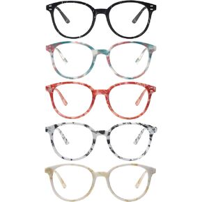 COJWIS Reading Glasses Blue Light Blocking 5 Pack Spring Hinge Fashion Readers for Men and Women Anti Glare Filter Eyeglasses (143-1 5C, 0.00)