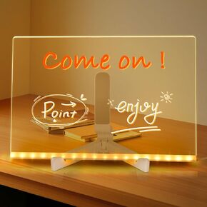 12x8" Acrylic Dry Erase Board with LED Light & 7 Color Markers, Glow Message Board for Home/Office/Gifts, Reusable Night Light & Desktop Memo Board with Stand
