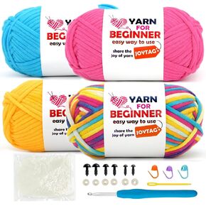 Joytag 4 Pack Rainbow Beginner Crochet Yarn for Crocheting Knitting Multicolor Cotton-Nylon Blend Easy Yarn للمبتدئين مع غرز سهلة رؤيتها (Neon Green Plite)