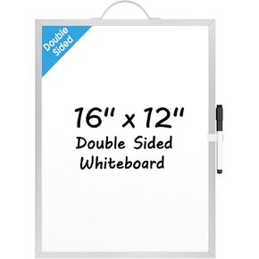 MaxGear Dry Erase Board for Wall, 16"x12" Hanging Whiteboard, Double Sided Small White Board with Handle, Silver Aluminum Alloy Frame Vertical Whiteboard for Students - Planning, Drawing, Memo