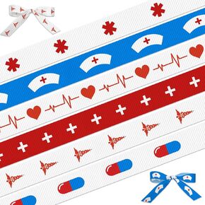 6 Rolls 3/8'' Nurse Day Grosgrain Ribbons for Wreath Bows DIY Crafts Red Cross Wrapping Ribbon Retirement Ribbon for Wrapping Birthday Party Home Decoration 30 Yards