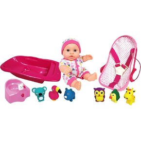 Lissi: 8 "دمية الطفل: حوض استحمام ، قعادة للحيوانات - Pink & White - وقت الاستحمام ورعاية اللعب ، حاملة ، ألعاب حيوانات 6pc ، الأطفال والأطفال الصغار 2+
