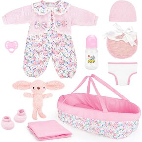 deAO 11 Pcs Reborn Baby Doll Clothes with Bassinet for 12-17 Inch Baby Dolls, Baby Doll Accessories Includes Carrier Bassinet Bed, Doll Clothes, Blanket, Babies Pretend Play Set