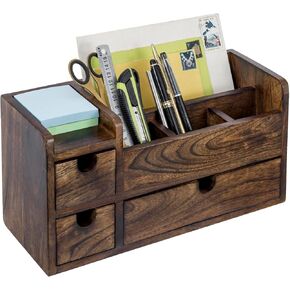 MyGift Solid Mango Wood Desktop Supplies منظم مع 3 أدراج وحامل بريد وعلبة ثابتة لتخزين ملحقات المكتب