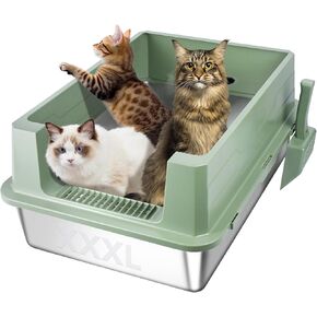 XXXL Stainsal Steel Cat Box مع جوانب عالية ، 28 "x20" x12 "مربع فضلات كبيرة إضافية للقطط الكبيرة ، مقلاة القطط المعدنية ، تسرب مضاد للالن ، تنظيف سهل (أخضر)