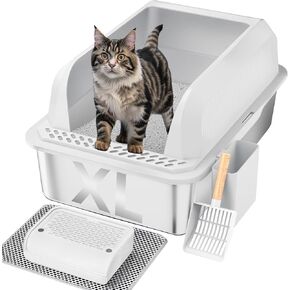 Stainless Steel Cat Litter Box with Lid, XL Large Litter Box for Big Cats, Enclosed Kitty Litter Pan with High Sides, Anti-Leakage&Non-Stick, Easy to Clean, Included Scoop, Aisle and Mat Beige in Saudi Arabia