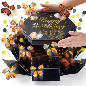 Dunzoom Flying Birthday Butterfly Grusse Home Box ، صندوق هدايا كبير للانفجار مع 12 جهازًا PCS Flying Butterfly ، DIY Diy Black Fantasy Decor