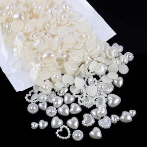 500Pcs Creamy-white Pearls Heart Nail Charms Mixed Styles Flatback Heart Cute Assorted Beads 3D Nail Art Charms Crafts Material Embellishments for DIY Crafts Accessories