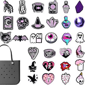 30pcs Horror Accessories Charms for Bogg Bag, Halloween Witch Goth Decorations Charm Black Magic Pink Purple Accessory for Beach Tote Bag, Birthday Gifts Cute Insert Charms for Women Adults