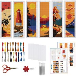ORIGACH 6 Pcs Cross Stitch Bookmark Kit for Beginner Adults, Sunset Landscapes Stamped Embroidery Bookmark Kit with Instruction for Starters Printed Cross Stitch DIY Kits for Book Lovers