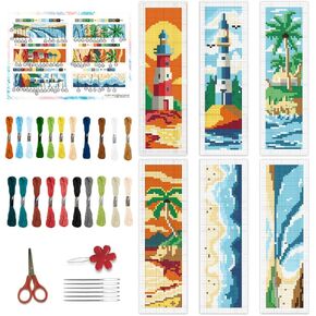 BEUNITONE 6 PCS Summer Cross Stitch Borkmark Kits for البالغين المبتدئين DIY Summmer Beach Stampered Stembery Bongmark Landscape Punch Kit مع مجموعة تعليمات حرفة للهدايا 8'x2.4 '' '