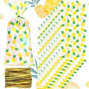 100 Pieces Pineapple Cellophane Bags Tropical Clear Cellophane Treat Bags Luau Party Favor with 200 Pieces Gold Twist Ties for Cookies Candies Summer Hawaiian Holiday Swimming Pool Party