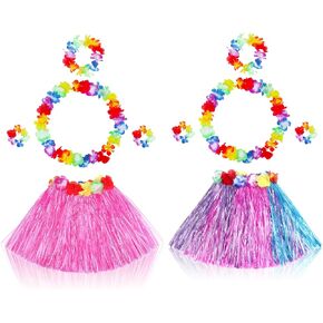 محظوظين JDS 2 يضع Girl's Hawaiian Hula Dance Grass Skirt مع مجموعة من الأزياء الزهرة لحفلة Luau Tropical Beach Party
