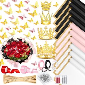 Thrilez 450pcs زهرة باقة التغليف اللوازم مع أوراق الالتفاف الأزهار الذهب تيجان الفراشة وعصي خشبية ، أشرطة الزهور مقابل المال باقة الزهور الأبدية عيد ميلاد الأم عيد ميلاد الأم