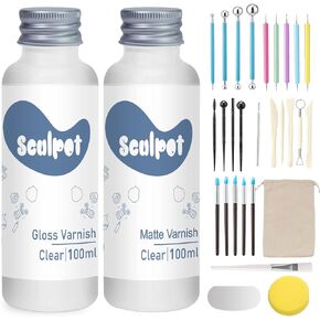 1dfaul 30pcs طلاء الطين الجاف الجاف مع مجموعة أدوات النحت ، 2 × 100 مل من الطين اللمعان اللامع اللامع لمقاومة أدوات الخدش عالية اللمعان ، مقاوم للماء ، مجموعة أدوات الفخار للنحت ، النمذجة ، تشكيل