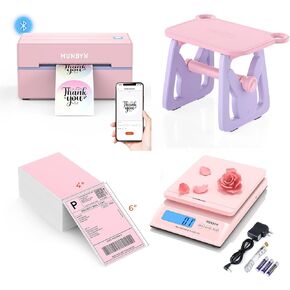 MUNBYN 130B Bluetooth Thermal Label Printer+Pink Shipping Labels+Label Holder for Rolls and Fanfold Labels+Shipping Scale, Accurate 66lb/0.1oz Postal Scale with Sweet Pink Style